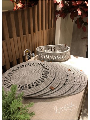 Feyza Design Gri Jüt Hasır Supla ve Sepet Seti - 6 Supla 1 Sepet