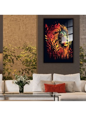 Feyza Design Yüksek Kaliteli Metal Çerçeveli Cam Tablo Sarı Turuncu Aslan Portresi