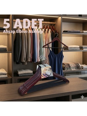 Direkstoktan Axentia Ceviz Renk Ahşap Askı - Elbise Pantolon Kaydırmazlı - 5 Adet / Wooden Suit Clothes Hangers
