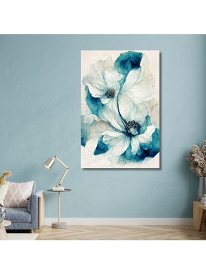 Feyza Design Modern Mavi Beyaz Çiçekler Dikey Kanvas Tablo