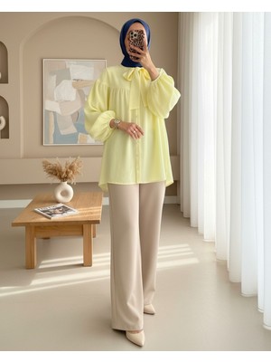 Modamorfo Yakası Fiyonk Detaylı Kolu Lastikli Düğmeli Keten Tunik -Açık Sarı