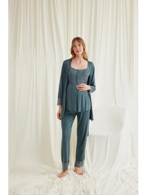 İlkyaz Fashion  Dantelli Önü Düğmeli Hamile Lohusa 3'lü Viskon Pijama Takımı