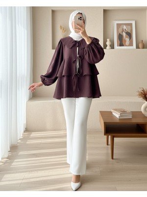 Modamorfo Bebe Yaka Önü Bağcıklı Eteği Katlı Kimono -Mürdüm