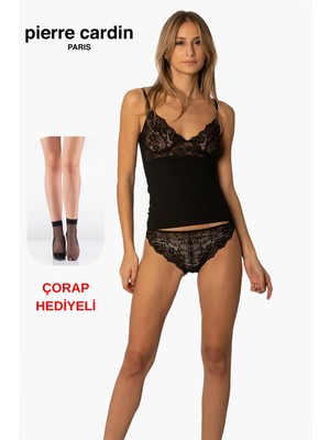 Pierre Cardin Premium Kadın Dantelli Penye Kaşkorse Kutulu Atlet Külot Slip Takım Çorap Hediyeli