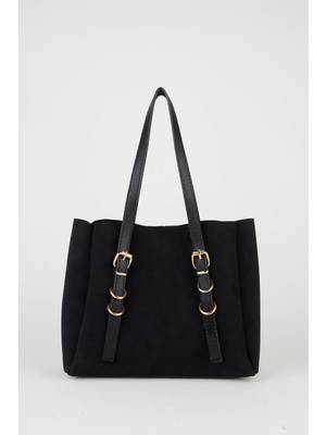 Vivaq Kadın Siyah Gül 3 Bölmeli Nubuk Deri Çıt Çıt Kapama Tasarım Askılı El Kol ve Omuz Çantası