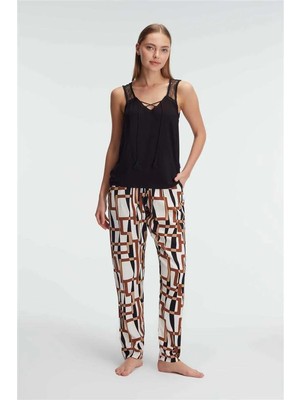 İlk El Grup Ieg™  Sıfır Kol V Yaka Viskon Geometrik Yazlık Uzun Ip Detaylı Pijama Takımı