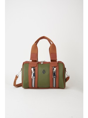 Vivaq Kadın Haki Taba Lily Silindir Fermuar Kapama Kolon Askılı El Kol ve Omuz Çantası
