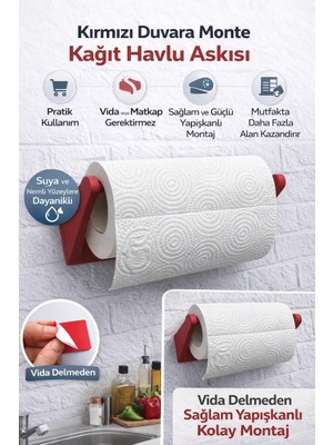 Eco Lounge Dekoratif Kırmızı Kağıt Havlu Tutucu Duvar Askılı Model | Mutfak Kağıt Havluluk Aparatı, Duvara Monte Havlu Tutucu
