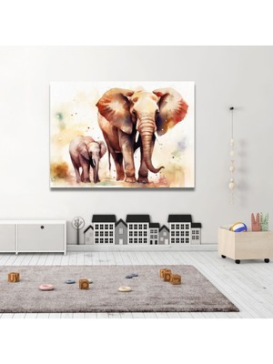Feyza Design Yatay Kanvas Duvar Tablosu Anne ve Yavru Fil Deseni