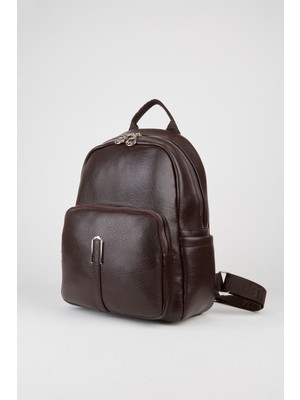 Vivaq Kadın Penguen Acı Kahve 2 Gözlü 2 Yan Cepli Suni Deri Fermuar Kapama Seyahat & Günlük Sırt Çantası