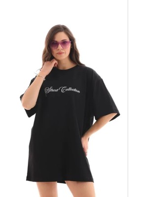 Nidam Butik Baskılı T-Shirt Kısa Kol Bisiklet Yaka Regular Rahat Kalıp Günlük Tişört - Siyah