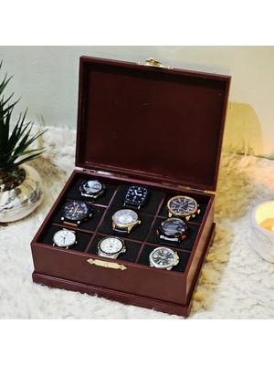 Tekir Store Ahşap 9 Bölmeli Saat Kutusu Dekoratif Saat Aksesuar Saklama Kutusu Organizer