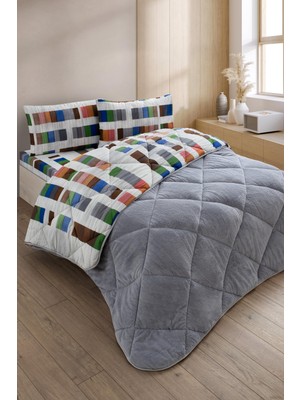 Braventa Collection Veluna Kişilik Wellsoft Yorgan Uyku Seti Lastikli Çarşaflı Yastık Kılıflı Kişilik Uyku Seti (Gri-Çok