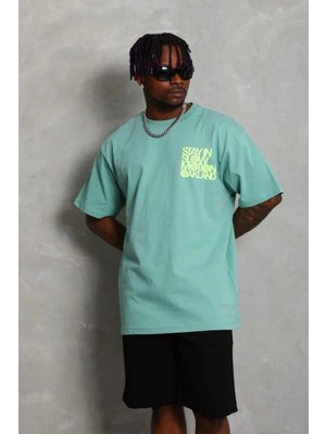 Erkek Baskılı T-Shirt Kısa Kol Bisiklet Yaka Regular Fit Rahat Kalıp Günlük Tişört - Mint Yeşili