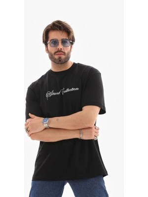 Erkek Baskılı T-Shirt Kısa Kol Bisiklet Yaka Regular Fit Rahat Kalıp Günlük Tişört - Siyah