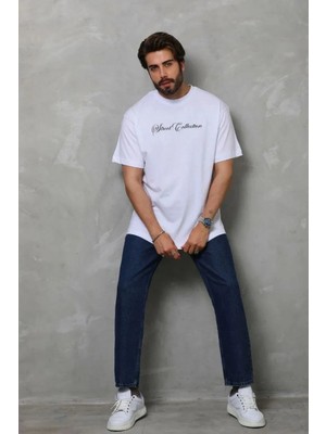 Erkek Baskılı T-Shirt Kısa Kol Bisiklet Yaka Regular Fit Rahat Kalıp Günlük Tişört - Beyaz