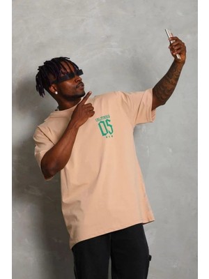 Erkek Baskılı T-Shirt Kısa Kol Bisiklet Yaka Regular Fit Rahat Kalıp Günlük Tişört - Bej