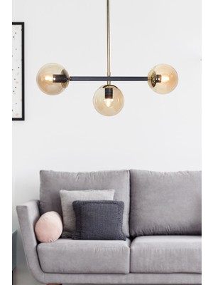 Feyza Design Modern 3 Lü Gold-Siyah Metal ve Renkli Cam Avize