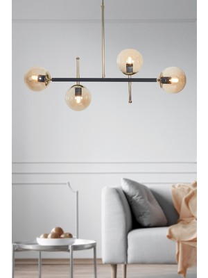 Feyza Design Modern 4 Lü Gold-Siyah Metal Gövde Bal Rengi Camlı Avize