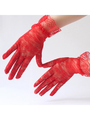 Katre46 Parti Aksesuar Güpürlü Bilek Boyu Kırmızı Dantel Eldiven Yetişkin