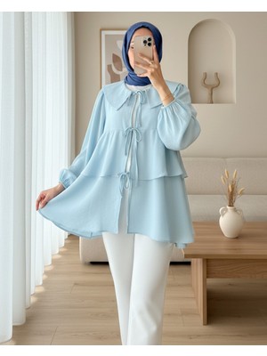 Modamorfo Bebe Yaka Önü Bağcıklı Eteği Katlı Kimono -Bebe Mavi