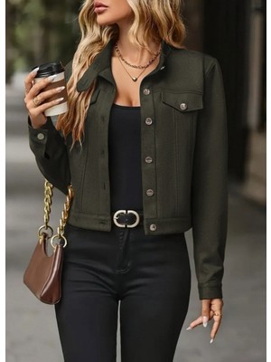 Runiquehome Kadın Uzun Kollu Önden Düğmeli Kısa Süet Ceket