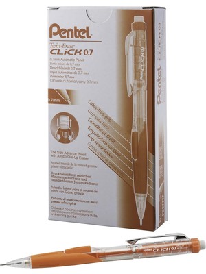 Pentel Twist-Erase Click Mekanik Kalem, (0,7 Mm), Şeffaf Namlu, Turuncu Tutuş, 12'li Paket (PD277TF)