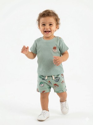 Kids Kingdom Pamuk Yelken Nakış Detaylı Waffle Kumaş Şortlu Erkek Bebek 2li Takım