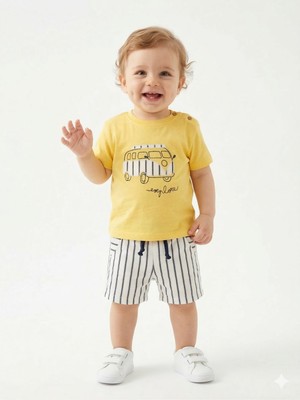 Kids Kingdom Pamuklu Karavan Detaylı Şeritli Poplin Kumaş Şortlu Erkek Bebek 2li Takım