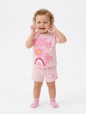 Kids Kingdom Pamuklu Yaz Temalı Palmiyeli Gökkuşaklı Kız Bebek Şortlu 2li Takım