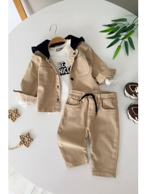 Miniğimin Cicileri Kapüşonlu Ceketli Be Nice Erkek Bebek 3’lü Kombin Takım - Bej