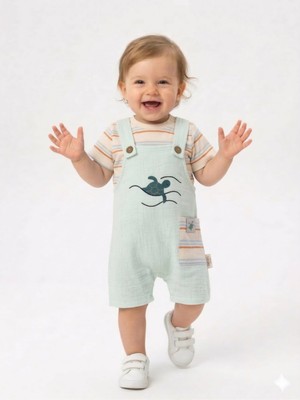 Kids Kingdom Pamuklu Kaplumbağa Desenli  Müslin 2li Erkek Bebek Tulum Salopet