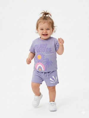 Kids Kingdom Pamuklu Yaz Temalı Palmiyeli Gökkuşaklı Kız Bebek Şortlu 2li Takım