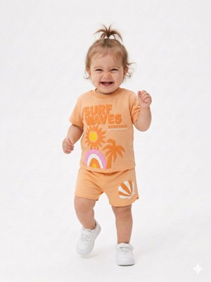 Kids Kingdom Pamuklu Yaz Temalı Palmiyeli Gökkuşaklı Kız Bebek Şortlu 2li Takım