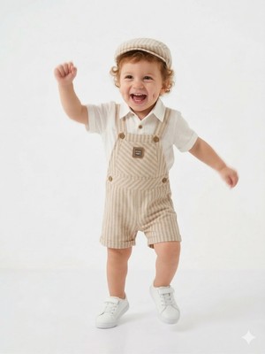 Kids Kingdom Pamuklu Şeritli Gömlekli Şapkalı Salopet Şortlu Tulum Erkek Bebek 3lü Takım