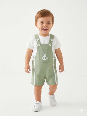 Kids Kingdom Pamuklu Denizci Detaylı Salopet Tulum Erkek Bebek 2li Takım