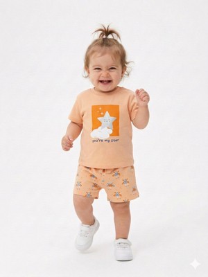 Kids Kingdom Pamuk Yıldız Desenli Kız Bebek Şortlu 2li Takım