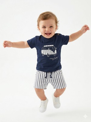 Kids Kingdom Pamuklu Karavan Detaylı Şeritli Poplin Kumaş Şortlu Erkek Bebek 2li Takım