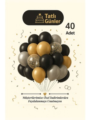 Feyza Design 40’lı Siyah & Altın Gümüş Konsept Parti Balon Seti – Doğum Günü ve Dekorasyon