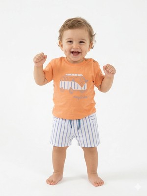 Kids Kingdom Pamuklu Karavan Detaylı Şeritli Poplin Kumaş Şortlu Erkek Bebek 2li Takım