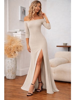 Sun&north Kadın Uzun Kollu Madonna Yakalı Yırtmaç Detaylı Uzun Ithal Krep Elbise