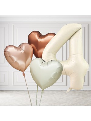 Feyza Design 4 Yaş Retro Krem Bej Kahverengi Kalp Balonları Seti