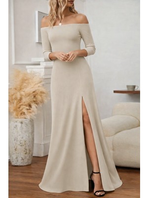 Gacha Kadın Uzun Kollu Madonna Yakalı Yırtmaç Detaylı Uzun Ithal Krep Elbise