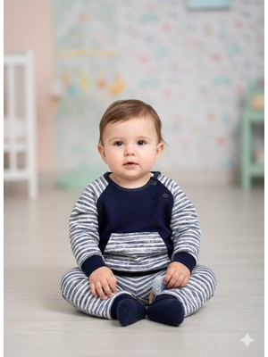 Kids Kingdom Pamuklu Çizgili Kanguru Cepli 2li Erkek Bebek Takım