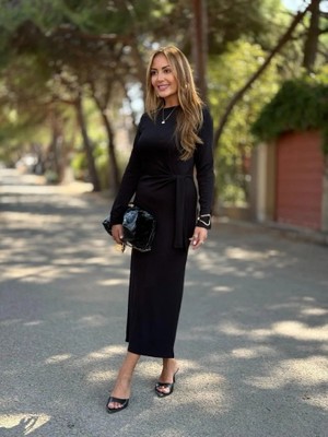 Gacha Kadın Uzun Kollu Bisiklet Yaka Yandan Bağlamalı Uzun Modal Elbise