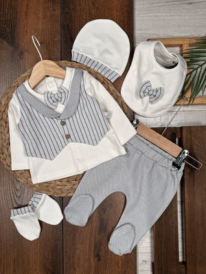 Kids Kingdom Pamuklu Papyon Yelek Detaylı 5li Erkek Bebek Hastane Çıkışı