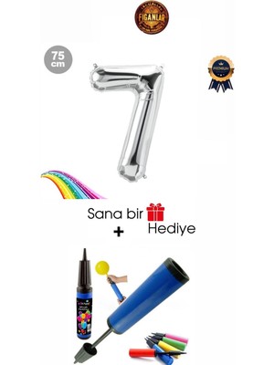 Feyza Design Gümüş Renk 7 Yaş Rakamlı Folyo Balon 75CM + Hediye Pompa