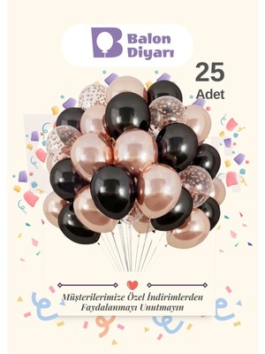 Feyza Design 25 Adet Siyah Şeffaf Konfetli Bej Metalik Balon Seti