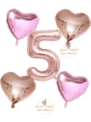 Feyza Design Yeşil Folyo Balon Seti Rakam ve Kalp Desenli 5 Yaş Için