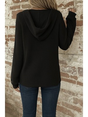 Ezel Glory Kadın Uzun Kollu Kapşonlu Önü Düğmeli ve Bağcıklı Waffle Bluz